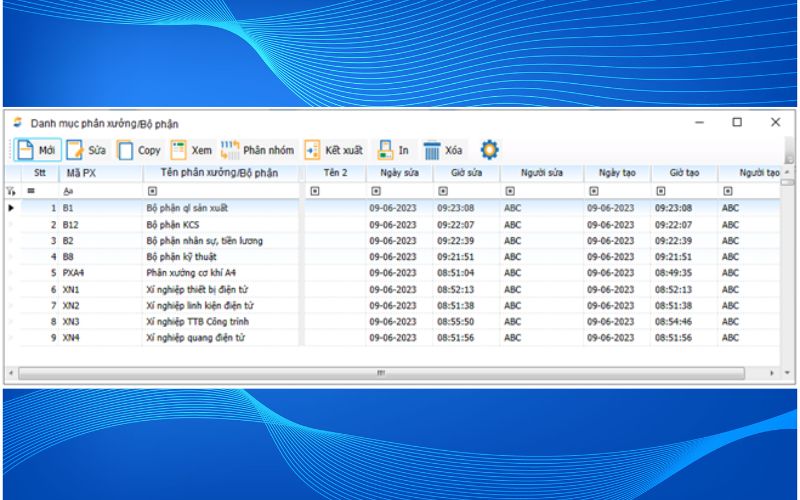 Danh mục phân xưởng bộ phận